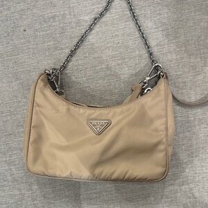 Prada Beige Nylon Shoulder Bag with Silver Chain Strap